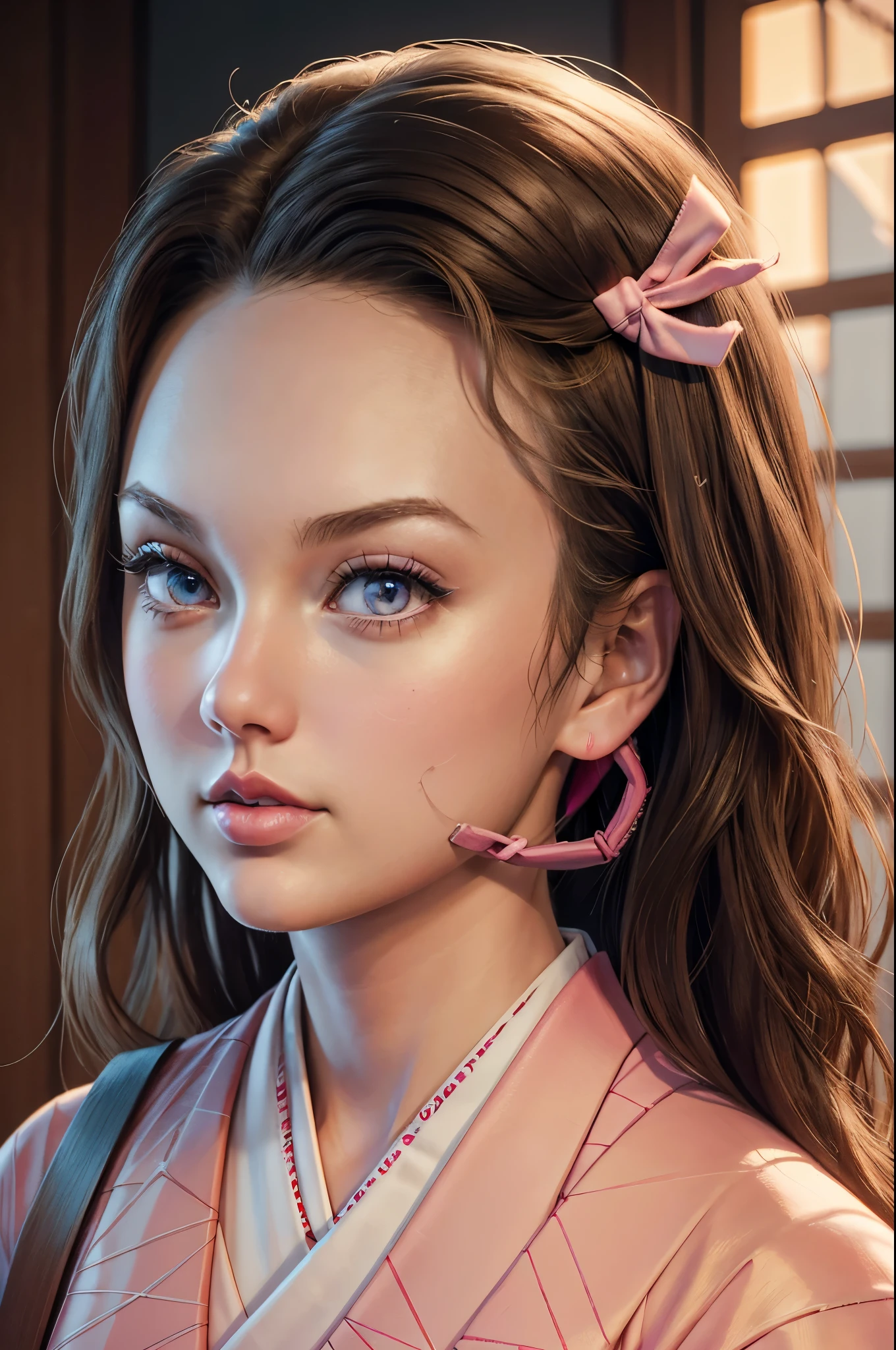 insanely detailed, Detailed portrait of illustration,masterpiece, best quality, beautiful lighting,(taylor swift),Nezuko, japanese_clothes, kimono, solo, bamboo, bit_gag, gag, pink_kimono, gagged, looking_at_viewer, forehead, RAW photo, 8k uhd, film grain,