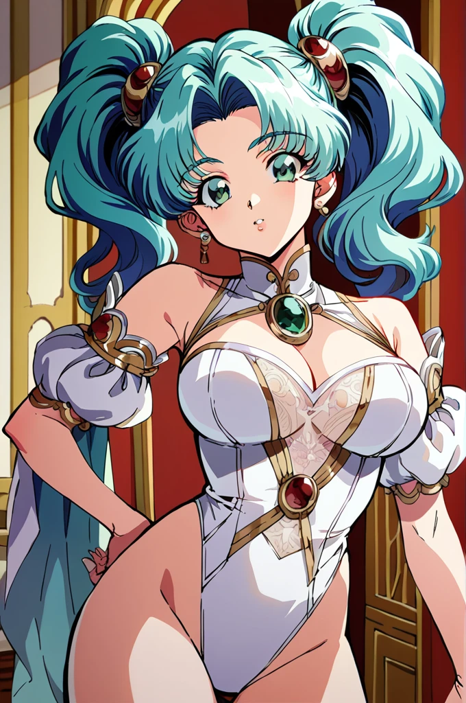 (by yag:1.1), score_9, score_8_up, score_8, source_anime, 80s anime style, 
1girl, intricate high detailed body, 
aqua hair, forehead, hair slicked back, twintails, wavy hair, 
green eyes, cute lips, 
slender, large breasts, 
neckwear, white lace leotard with sleeves, 
jewelry, accessories, 
ennui, sexy face, 
sexy pose, 
cowboy shot, 
indoors, castle