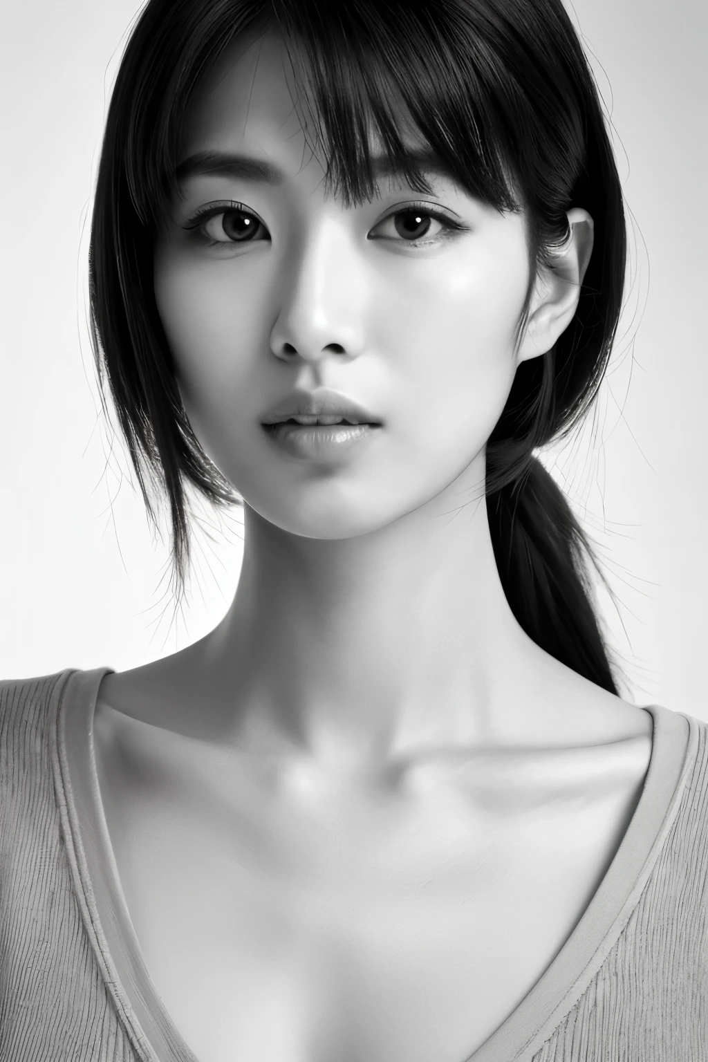 mastepiece, Best Quality, Photorealsitic, Ultra-detailed, finely detail, high resolution, 8k wallpaper, Raw photography, Professional, high level of detail, (((Monochrome photography))), Skinny Japanese woman, 30 years old, 1girl in, (Facing the front), The upper part of the body, face perfect, ((Only lips red))