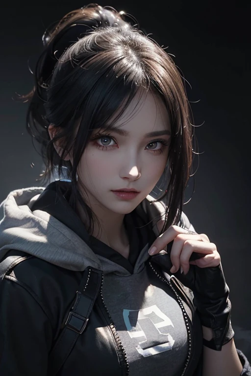 (best quality,4k,highres),(realistic:1.37),ultra-detailed,professional,vivid colors,sharp focus,A beautiful girl with ponytail,hoodie,fingerless gloves,extremely detailed and realistic eyes,beautiful detailed lips,her face has a badass expression,her eyes are piercing and intense,she wears a mysterious smile,her hoodie is dark and edgy,emphasizing her rebellious personality,she has long eyelashes and thin eyebrows,her fingerless gloves are black and partially torn,hair strands fall gently on her face,enhancing her allure,the overall lighting is moody and dramatic,giving a mysterious atmosphere,the color tone is dark and cool,accentuating her badass demeanor.