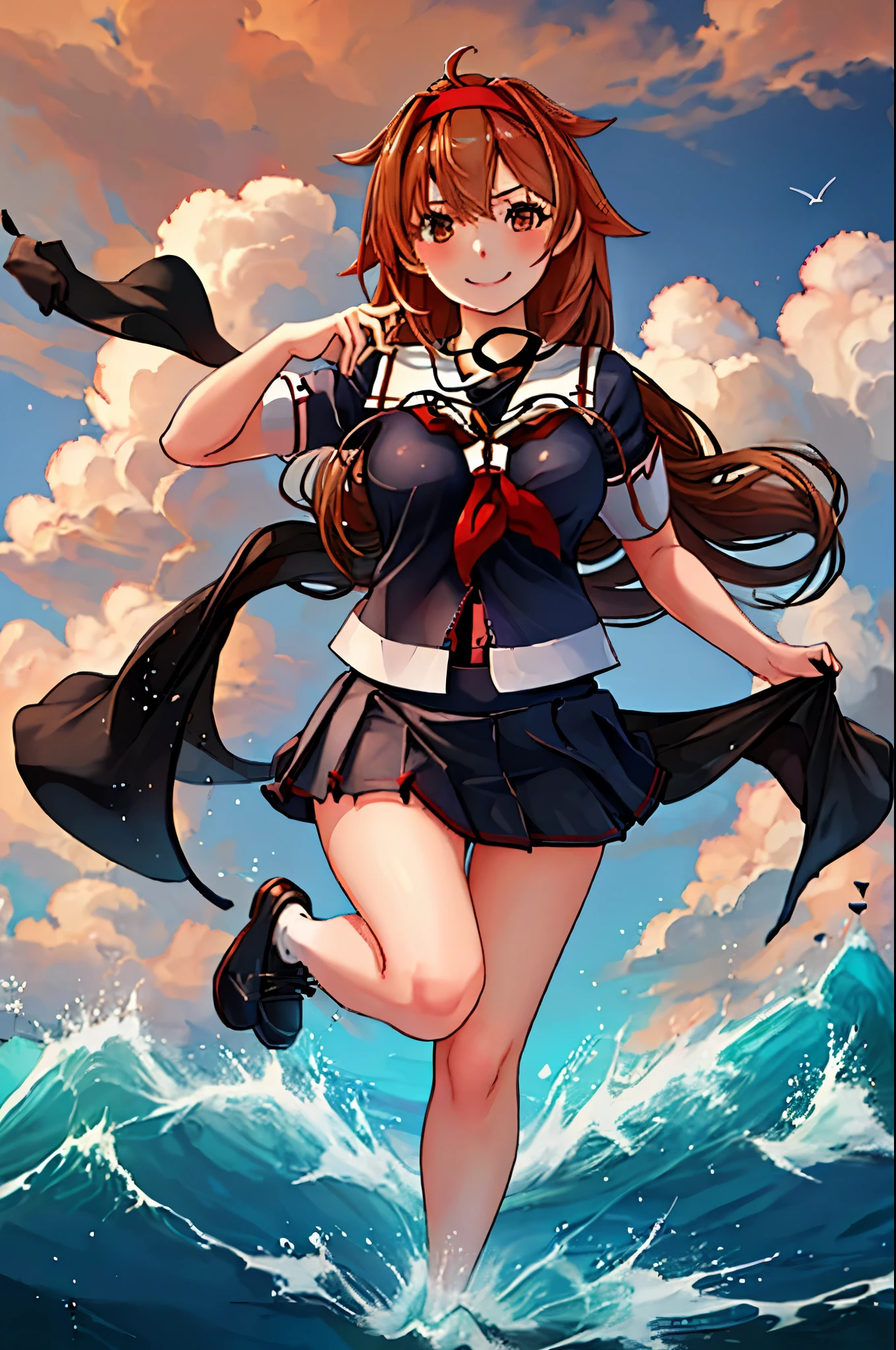 highest quality, masterpiece, High resolution, 1 girl, shiratsuyu (kancolle)(Bai Lu Kai Er　Fleet Collection:1.15), brown hair, brown eyes,  smile, slender body, full body figure,red headband, (((black sailor suit))), pleated skirt, 