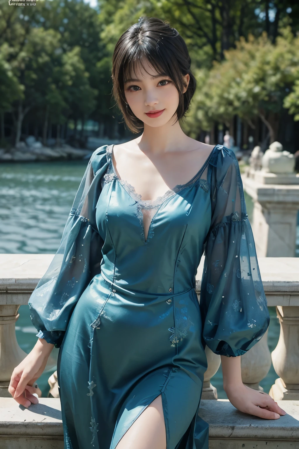 best quality、masterpiece、ultra high resolution、actual、1 girl、Glossy skin、((Surreal detailed))、Global photo、8K、Highly complex details、shinning eyes、Black straight hair、slender body、plump breasts、highkey、pureerosfaceace_v1、A smile、Elegant pose、Green  lace dress、Beautiful woman standing on the balcony of the castle