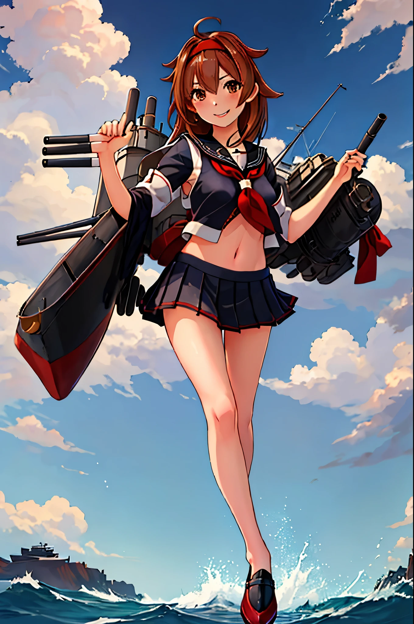 highest quality, masterpiece, High resolution, 1 girl, shiratsuyu (kancolle)(Bai Lu Kai Er　Fleet Collection:1.15), brown hair, brown eyes,  smile, slender body, full body figure,red headband, (((black sailor suit))), pleated skirt, 