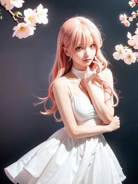 light pink hair, pink eyes, pink and white, cherry blossom leaves, Bright colors, white dress, paint splashes, simple background...