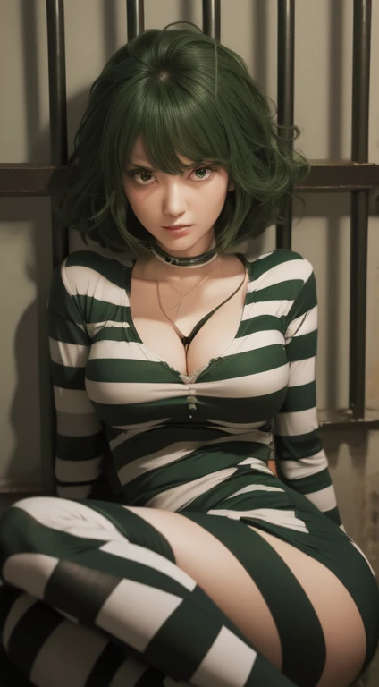 a close up of a woman sitting in a jail cell, tatsumaki from one punch man, style of madhouse, character; full body art, tatsumaki, today's featured  still, tatsumaki with green curly hair, fubuki, pin on, woman fullbody art, style of hajime isayama