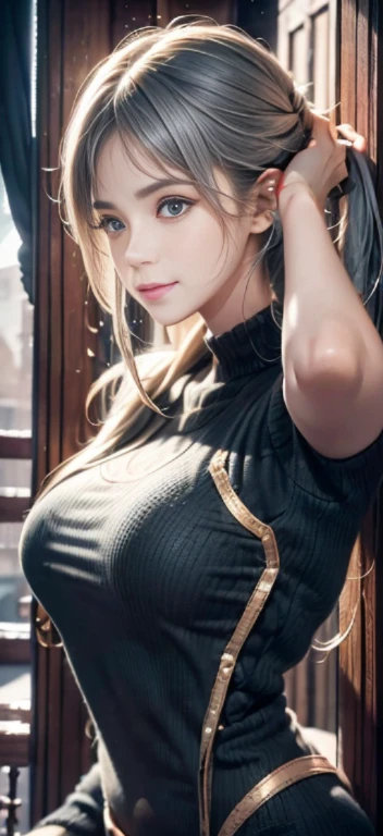 realistic, High resolution, Upper body, 1 female, gray hair, shining eyes, shirt, transparent clothing, 8K, cg, lure, goddess, put your hands behind your head