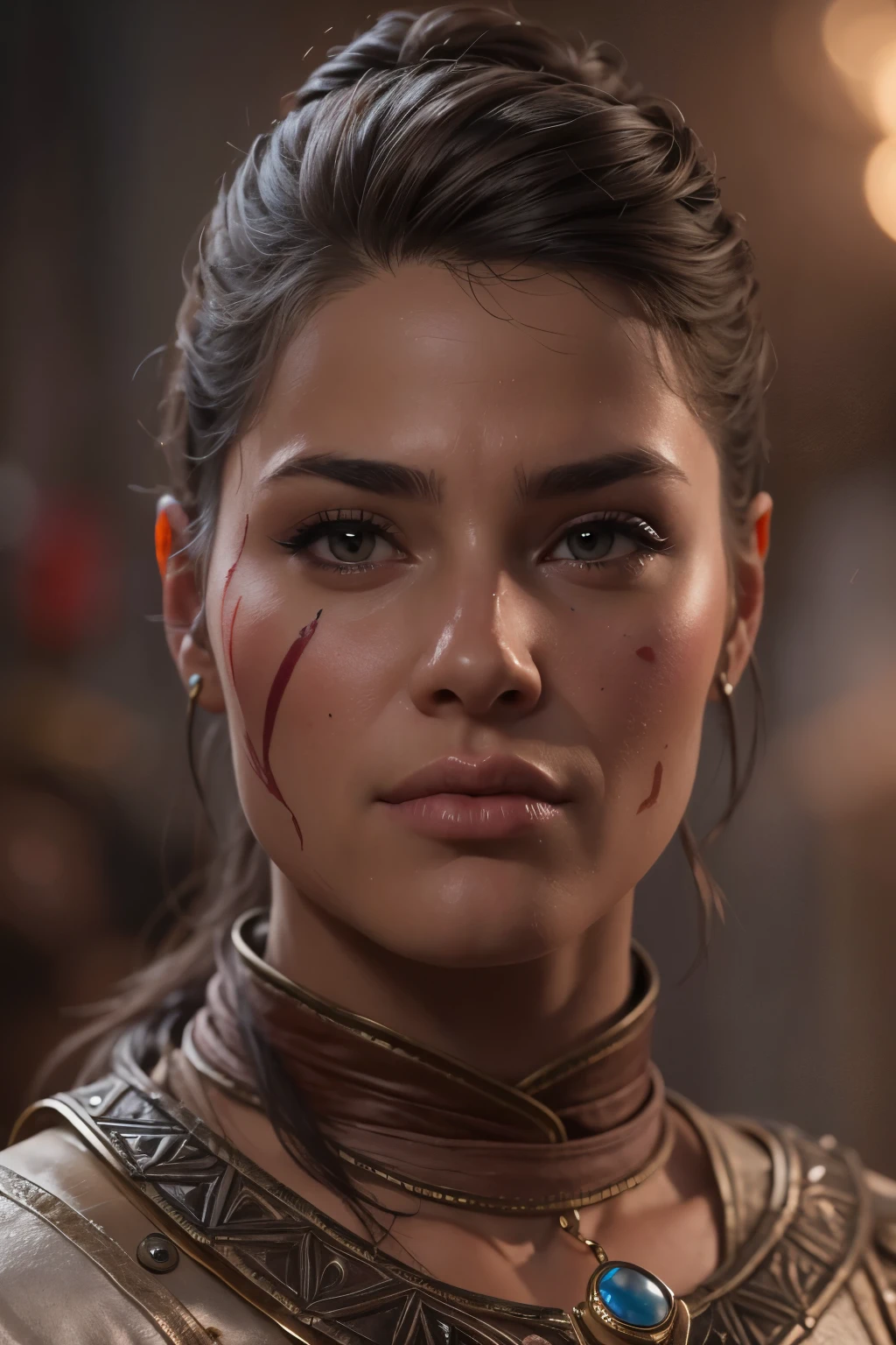 extremely detailed Kassandra Assassin's Creed Universe,Detailed Lips, Detailed Eyes, detailed eyelashes, detailed face, textured skin, super detail lighting, mid body shot, 