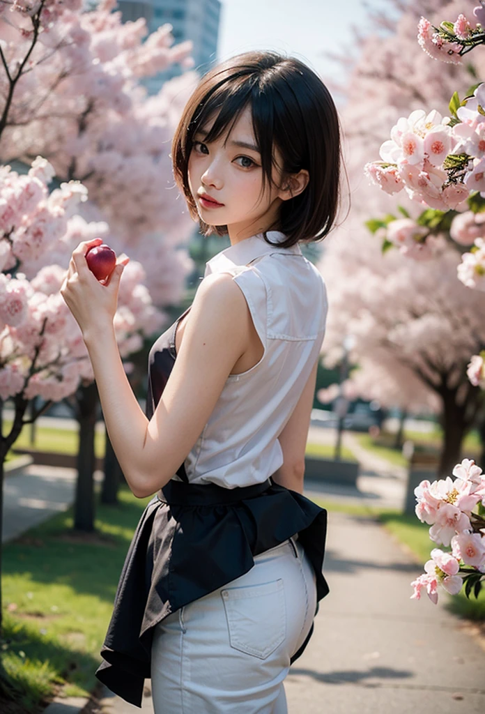 (masterpiece, best quality), 1girl, 17yo,cute,plum blossom tree avenue, skirt lift both hands, upskirt, skirt flipped, widening skirt, beautiful detailed teeth, eyes with large brown irises, small mouth, fresh lips,nose blush, ,wavy short hair,round glasses ,5finger, intricate details, depth of field,beautiful lighting, volumetric lighting, dynamic angle, (photographic portrait), sharp,