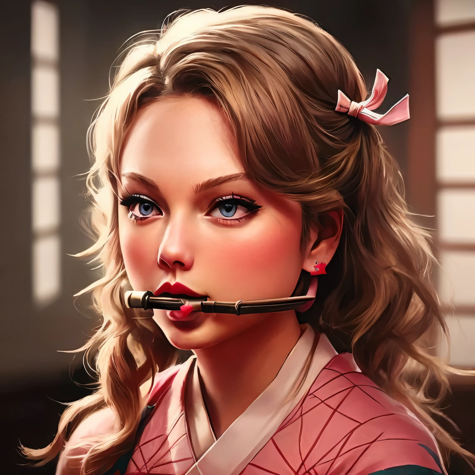 insanely detailed, Detailed portrait of illustration,masterpiece, best quality, beautiful lighting,(taylor swift),nezuko, japanese_clothes, kimono, solo, bamboo, bit_gag, gag, pink_kimono, gagged, looking_at_viewer, forehead, RAW photo, 8k uhd, film grain,