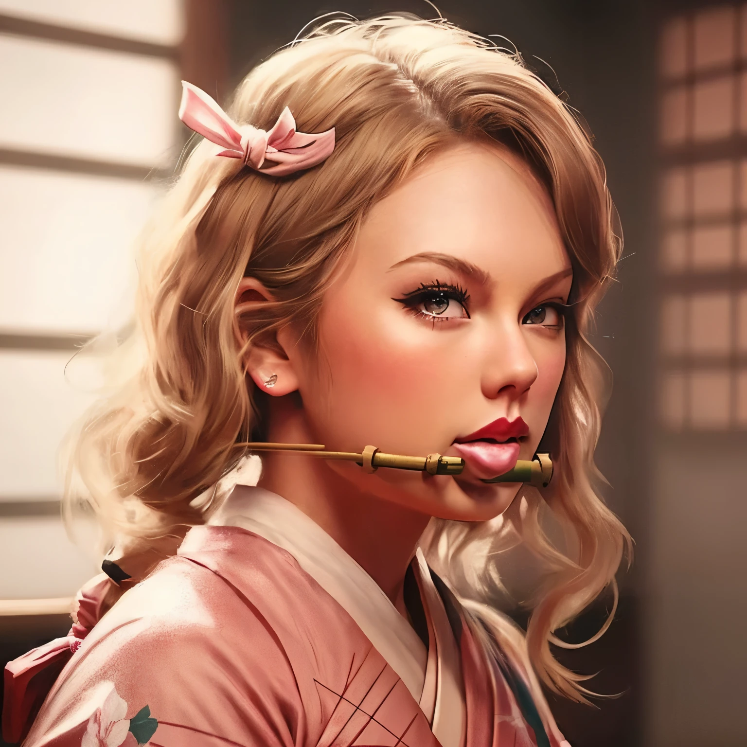 Incroyablement détaillé, Detailed portrait of illustràion,chef-d&#39;œuvre, Meilleure qualité, bel éclairage,(Taylor Swift),Nezuko, Japonais_vêtements, kimono, seulement, bambou, peu_gag, gag, rose_kimono, bâillonné, regarder_à_téléspectateur, front, photo brute, 8k euh, grain de film,