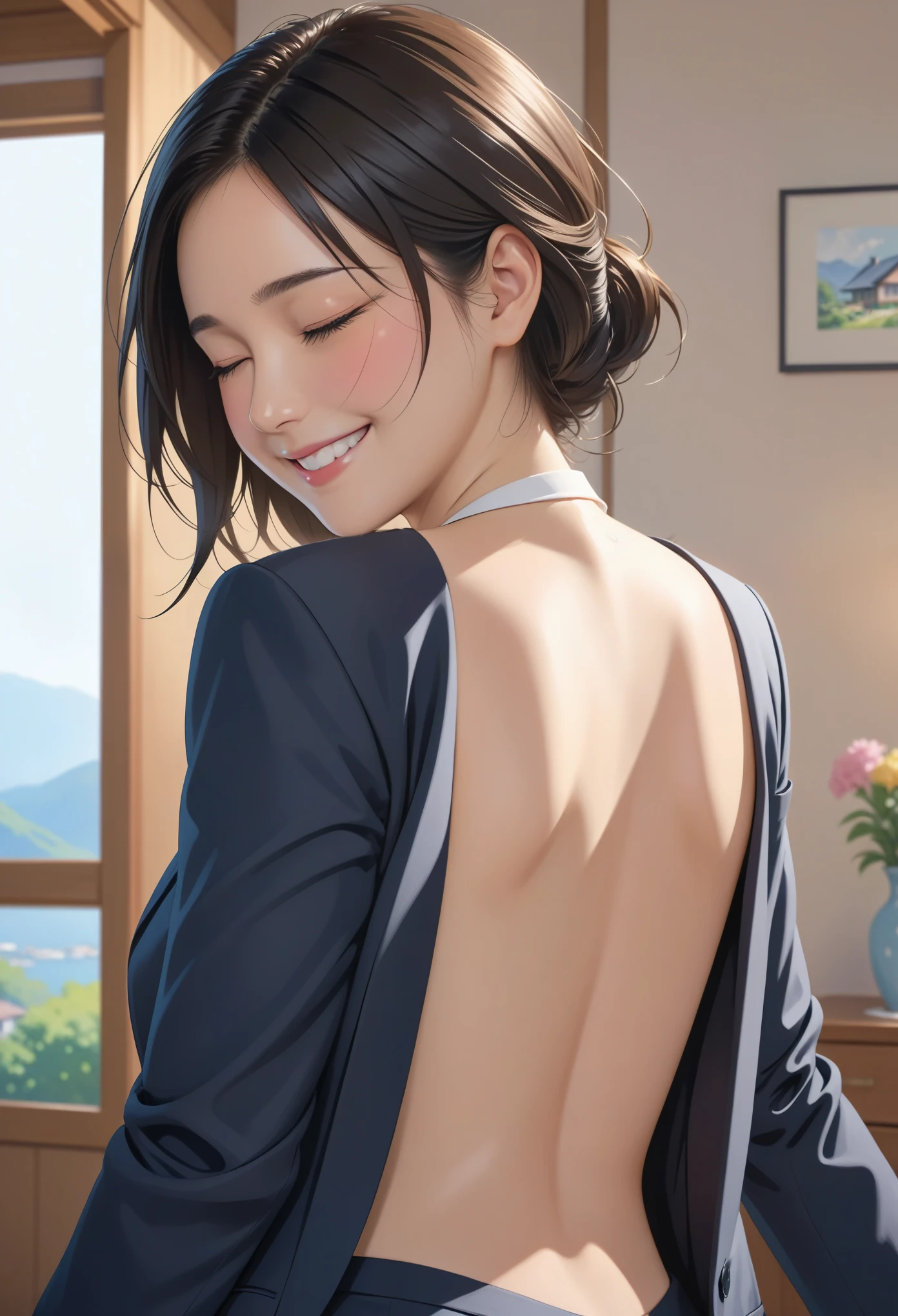 masterpiece, high quality, illustration, your name movie style, A woman, Home, house, suit, Undress, Back, close eyes, Smile, close up