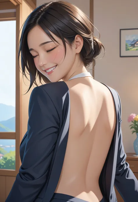 masterpiece, high quality, illustration, your name movie style, A woman, Home, house, suit, Undress, Back, close eyes, Smile, cl...