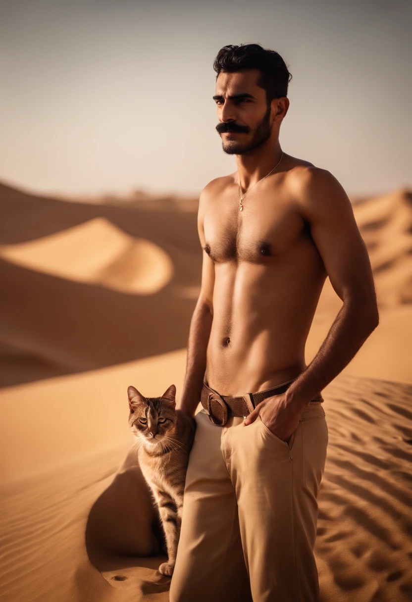 Beau mec arabe moustache grand mince torse nu désert câlin chat - SeaArt AI