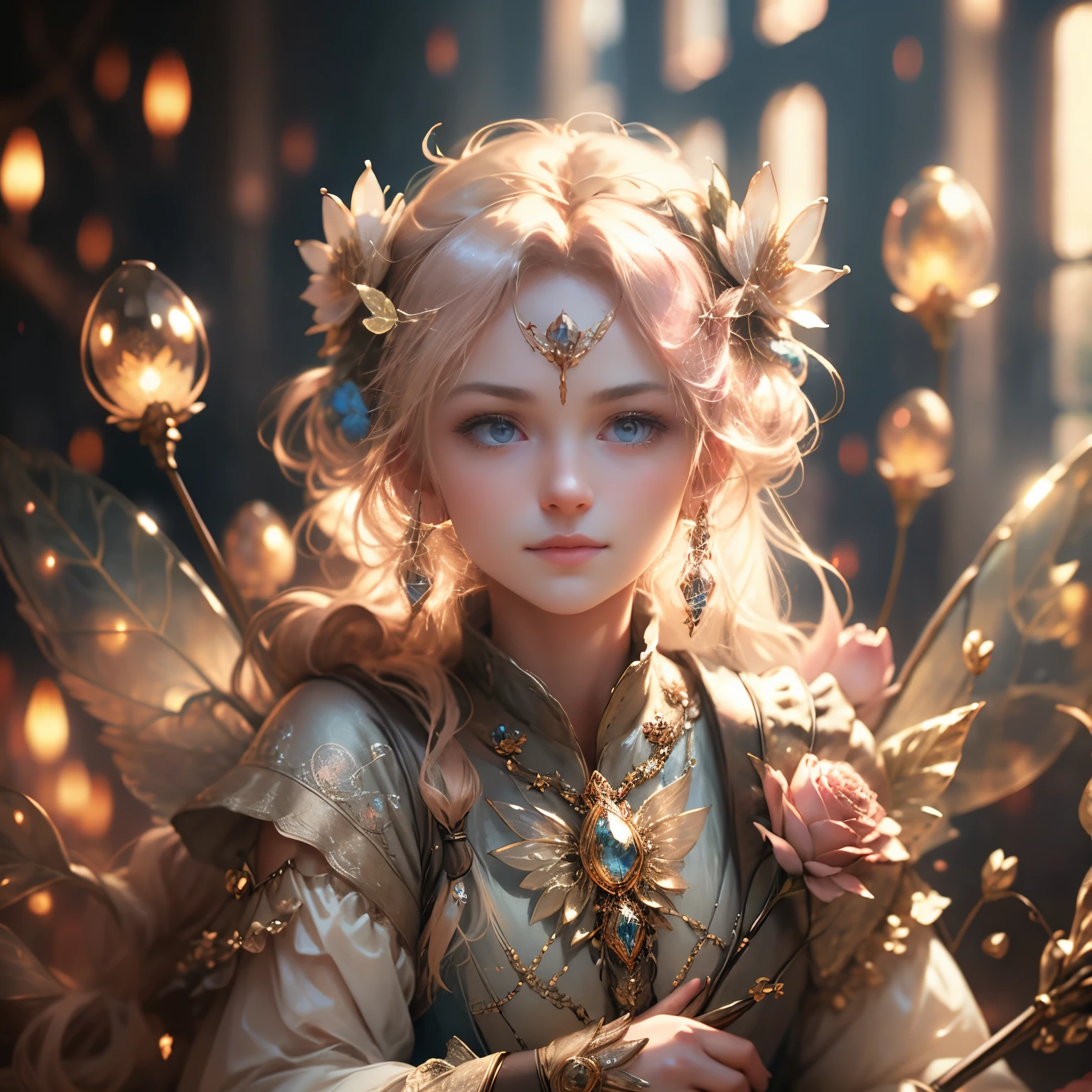 beautiful transparent flower fairy baby, transparent colorful feathers, the cane waving in the wind､The cane shone in the starlight，golden cane，Beautiful blue sky and white clouds、the girl has transparent wings､smile gently､Beautiful garden background､gentle and transparent，correct anatomy, delicate pattern，pink rose space, soft lighting, ( bokeh)，masterpiece, Super detailed, magnificent composition, highest quality, 8K，Epic romantic fantasy digital art，epic fairy tale fantasy digital art，mythological fantasy，UHD resolution，Detailed detail drawing，Realistic，Very realistic，cinematic lighting,award winning photos,rich colors，Ultra-realistic life-like textures，dramatic lighting