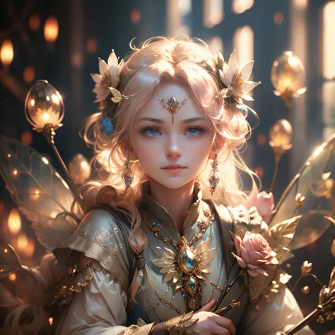 beautiful transparent flower fairy baby, transparent colorful feathers, the cane waving in the wind､The cane shone in the starli...