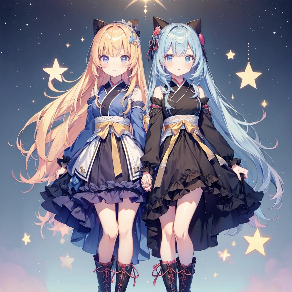 1 garota,vtuber-corpo inteiro、folha de chara、frente, lado, voltar、mais alta qualidade、Um remake espacial de yukata e gothic lolita em preto e azul marinho、Um vestido com babados oiran com tema espacial、knee-high boots、８k,、Fada Estrela、Obra de arte、arte oficial、Super detalhado、Super lindo、Cute Fada Estrela、cabelo curto liso branco、