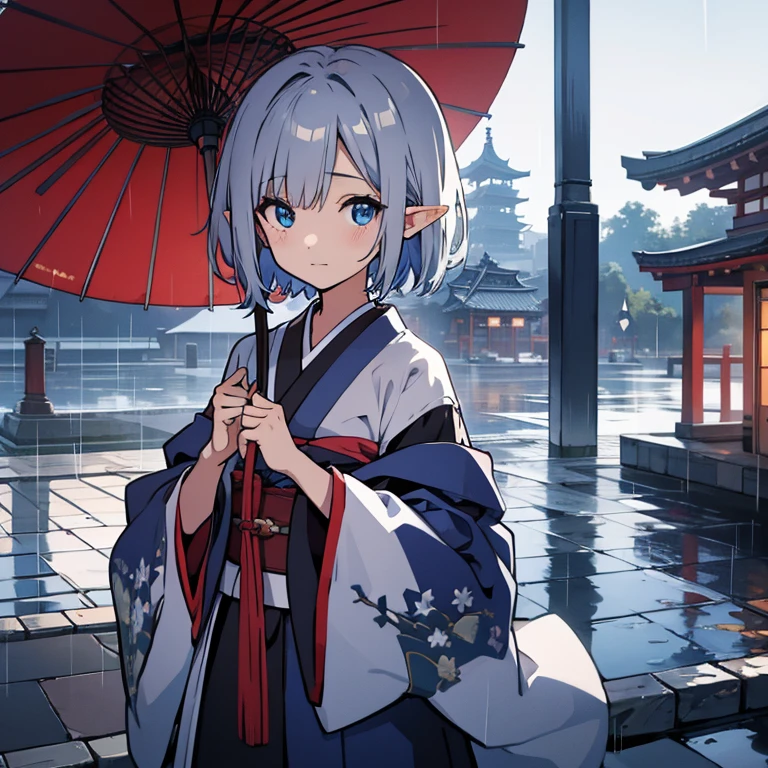 ((High resolution/high quality 8k/modern anime))、alone、(elf boy)、((dark blue eyes))、(light silver berry short hair)、kimono、Japanese style、rain、Holding a Japanese umbrella、Sad