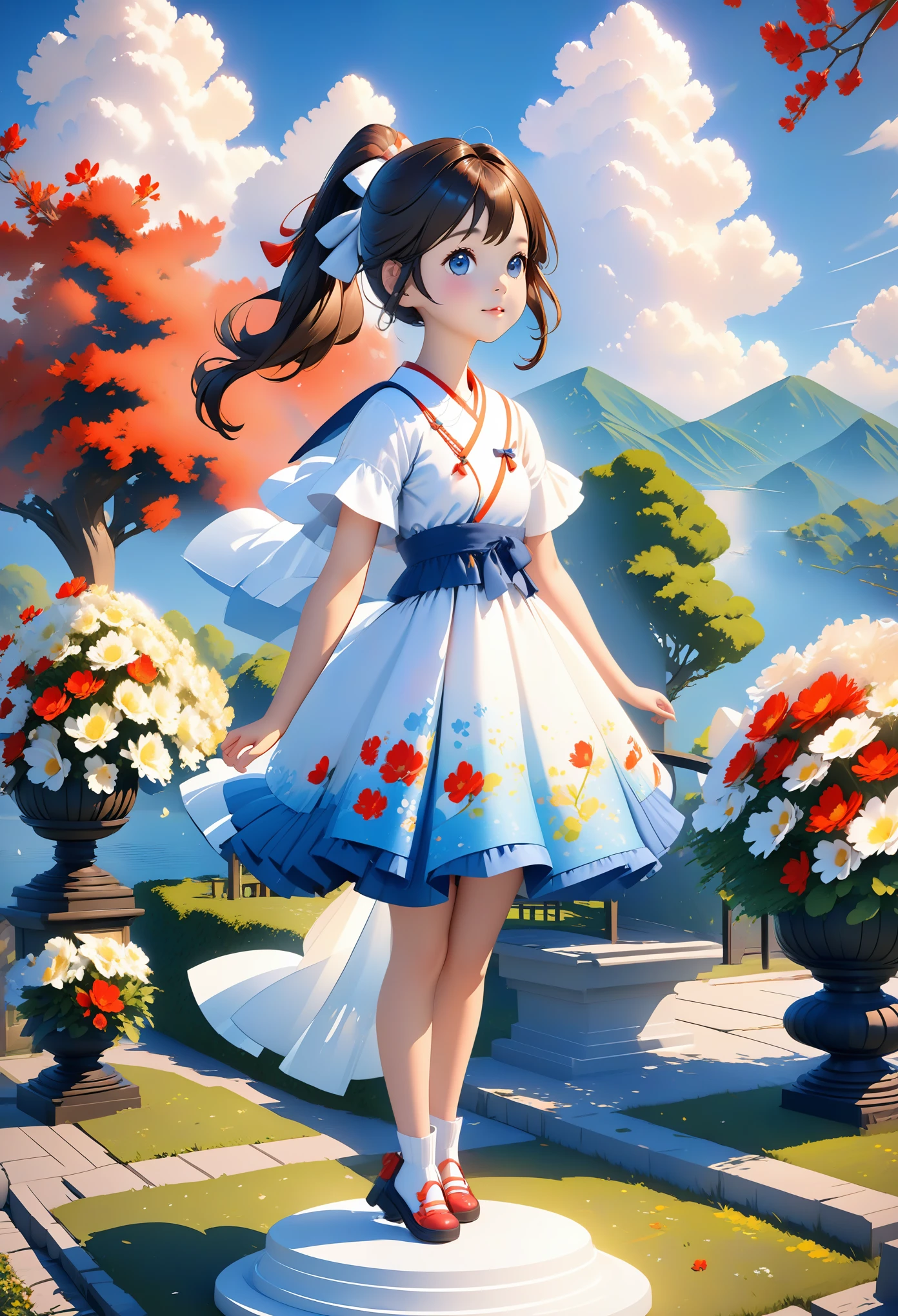 Drawing of a girl with ponytail and skirt, Lovely 3d rendering, Lovely detailed digital art, mini Lovely girl, Lovely digital painting, 3D rendering stylization, Lovely digital art, Lovely rendering 3d anime girl, , Lovely! C4D, Single character whole body, Standing on a white pedestal