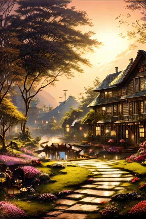 Highest quality, re-detailed, abandoned house, factory plant, pa llama, plants growing, sunlight through window, lots of pink flowers, plants hanging from ceiling, twilight, time slowly stopping, phantom image, (girl standing in middle, wearing colorful dress, red shoes, looking up)