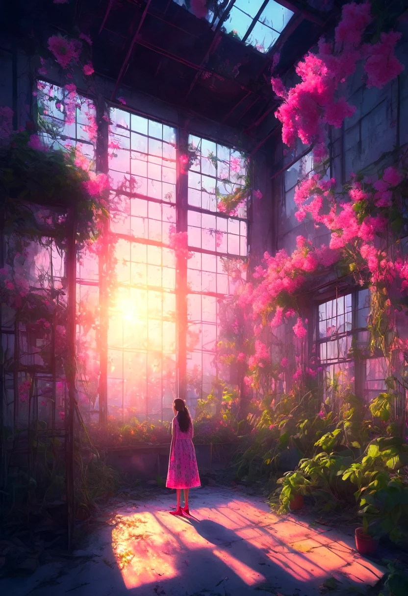 Highest quality, re-detailed, abandoned house, factory plant, pa llama, plants growing, sunlight through window, lots of pink flowers, plants hanging from ceiling, twilight, time slowly stopping, phantom image, (girl standing in middle, wearing colorful dress, red shoes, looking up)