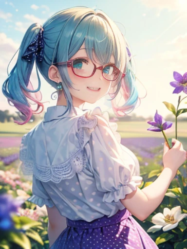 Glasses、小さなgirl、The arrival of spring、big butt、 (alone:1.5,)Super detailed,bright colors, very beautiful detailed anime face and eyes, look straight, ;shiny_skin,girl, ((gradient hair, , Half blue、half pink hair: 1.2)） 、forehead is exposed.、green eyes、shiny hair, delicate beautiful face, blush、(turquoise eyes), White skin, Valletta, earrings,、blue flower field、((ribbon、(Floral、blouse、polka dots、purple skirt)))、twin tails、smile、happy face、face dyed red