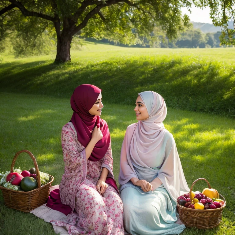 beautiful muslimah girls, wearing traditional silk baju kurung, ultra-detailed, detailed faces, detailed skins, 8k masterpieces, cinematic lighting, firm push-up bosom, modest bosom, slim and slender body, long hijab, eid mubarak, in malay village, picnic in the meadow with a basket full of fruits and flowers