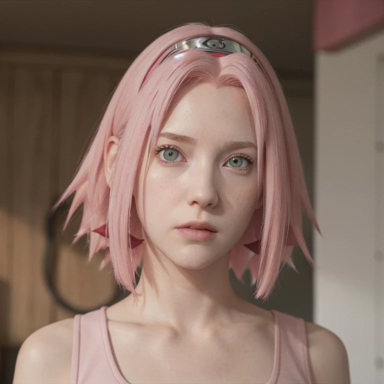 young woman, short shoulder-length pink hair, wide forehead, porcelain skin, pink eyebrows, big emerald green eyes, buttoned nose, full lips, heart-shaped face, slender body, small breasts, red tank top, Sakura Haruno , realistic, realism, details, 3d, well detailed
