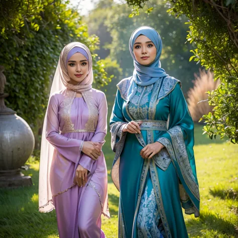 beautiful muslimah girls, wearing traditional silk baju kurung, ultra-detailed, detailed faces, detailed skins, 8k masterpieces,...