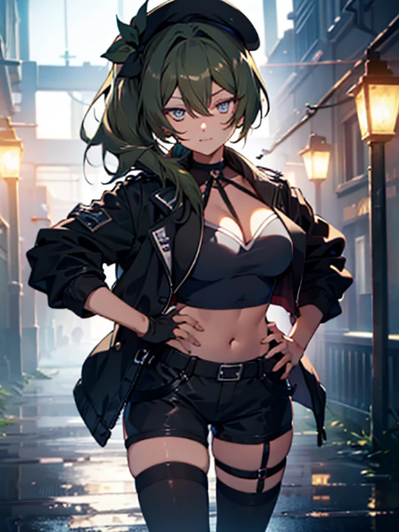 ubel,dark green hair,long hair,side ponytail,hair between eyes,bangs, BREAK (beret, black jacket, open clothes, cleavage, midriff, black shorts, black thighhighs, thigh strap, fingerless gloves, single glove:1.2) BREAK blurry background, BREAK pose, hand on hip, BREAK (masterpiece:1.2), best quality, high resolution, unity 8k wallpaper, (illustration:0.8), (beautiful detailed eyes:1.6), extremely detailed face, perfect lighting, extremely detailed CG, (perfect hands, perfect anatomy),
