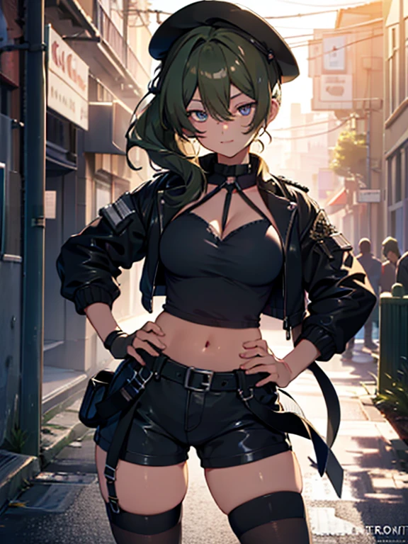 ubel,dark green hair,long hair,side ponytail,hair between eyes,bangs, BREAK (beret, black jacket, open clothes, cleavage, midriff, black shorts, black thighhighs, thigh strap, fingerless gloves, single glove:1.2) BREAK blurry background, BREAK pose, hand on hip, BREAK (masterpiece:1.2), best quality, high resolution, unity 8k wallpaper, (illustration:0.8), (beautiful detailed eyes:1.6), extremely detailed face, perfect lighting, extremely detailed CG, (perfect hands, perfect anatomy),
