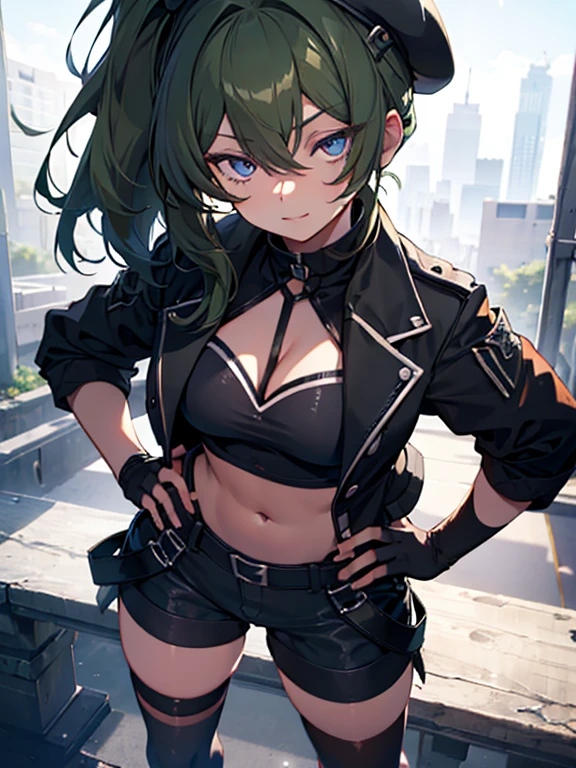 ubel,dark green hair,long hair,side ponytail,hair between eyes,bangs, BREAK (beret, black jacket, open clothes, cleavage, midriff, black shorts, black thighhighs, thigh strap, fingerless gloves, single glove:1.2) BREAK blurry background, BREAK pose, hand on hip, BREAK (masterpiece:1.2), best quality, high resolution, unity 8k wallpaper, (illustration:0.8), (beautiful detailed eyes:1.6), extremely detailed face, perfect lighting, extremely detailed CG, (perfect hands, perfect anatomy),
