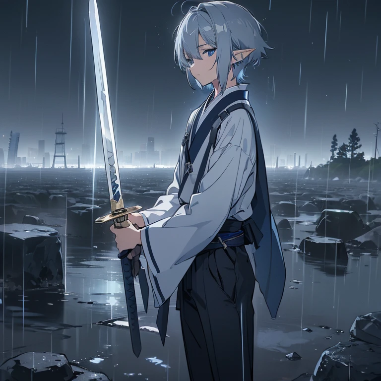 ((High resolution/high quality 8k/modern anime))、alone、(elf boy)、((dark blue eyes))、(light silver berry short hair)、slacks、Japanese style、rain、hold a sword in the left hand、With a sad look、looking down