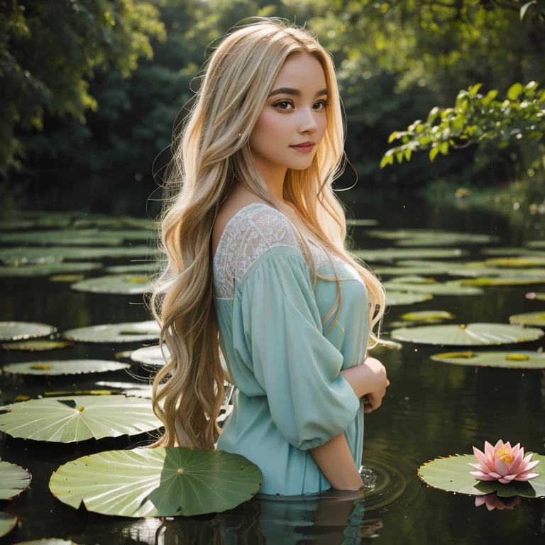 An ethereal-looking fairy with long blonde curls, hovering over a lake with water lilies. Dim light, fireflies, trees and bushes on the shore
