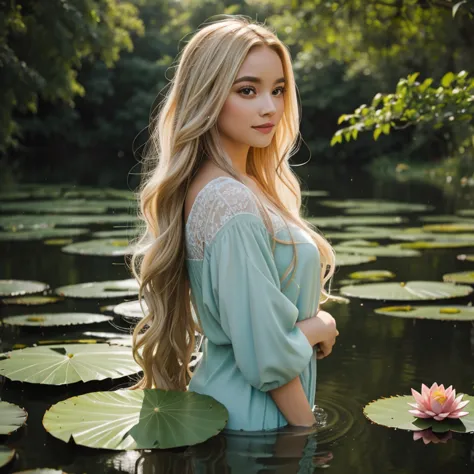 An ethereal-looking fairy with long blonde curls, hovering over a lake with water lilies. Dim light, fireflies, trees and bushes...