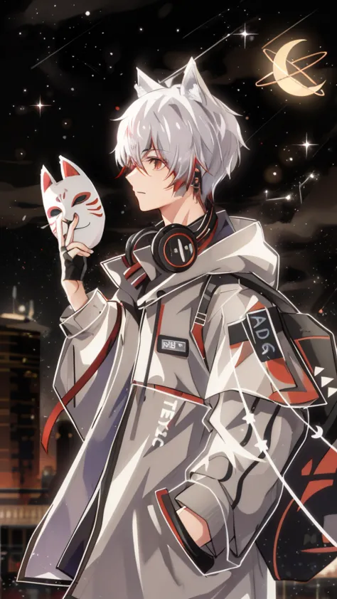 teenager with fox ears，silvery hair，Fox mask in hand，city night view，starry sky，meteor，The clothes have red decorations，Red pick...