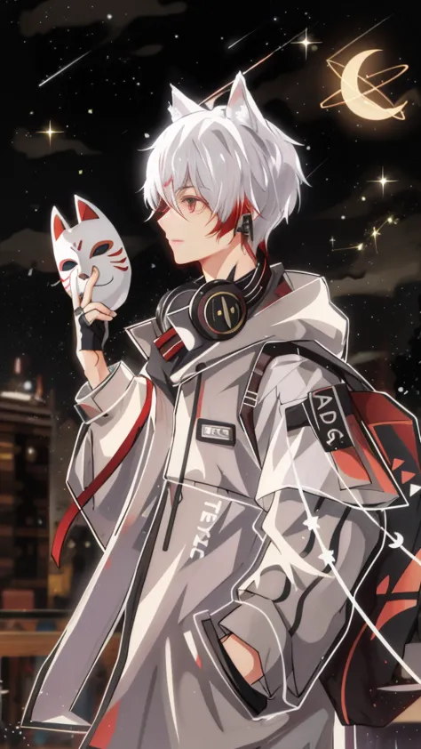 teenager with fox ears，silvery hair，Fox mask in hand，city night view，starry sky，meteor，The clothes have red decorations，Red pick...