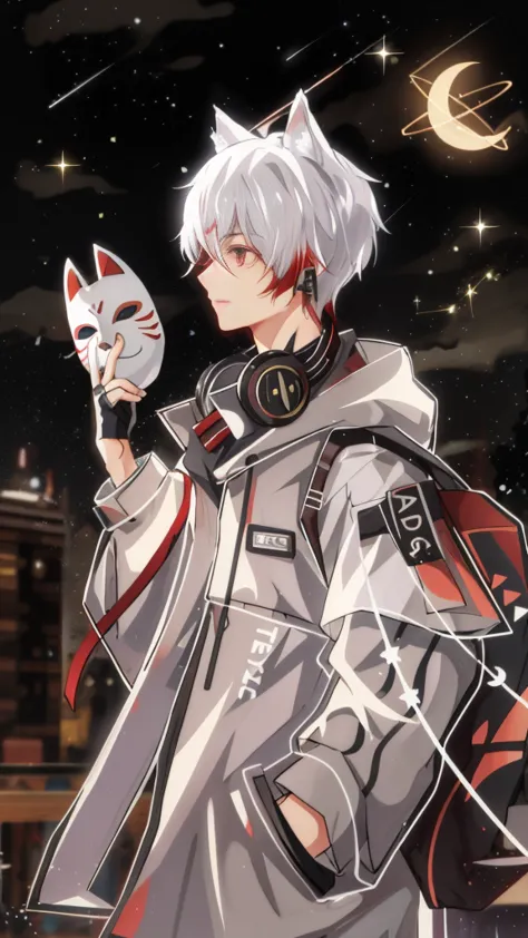 teenager with fox ears，silvery hair，fox mask in hand，city night view，starry sky，meteor，the clothes have red decorations，red pick...