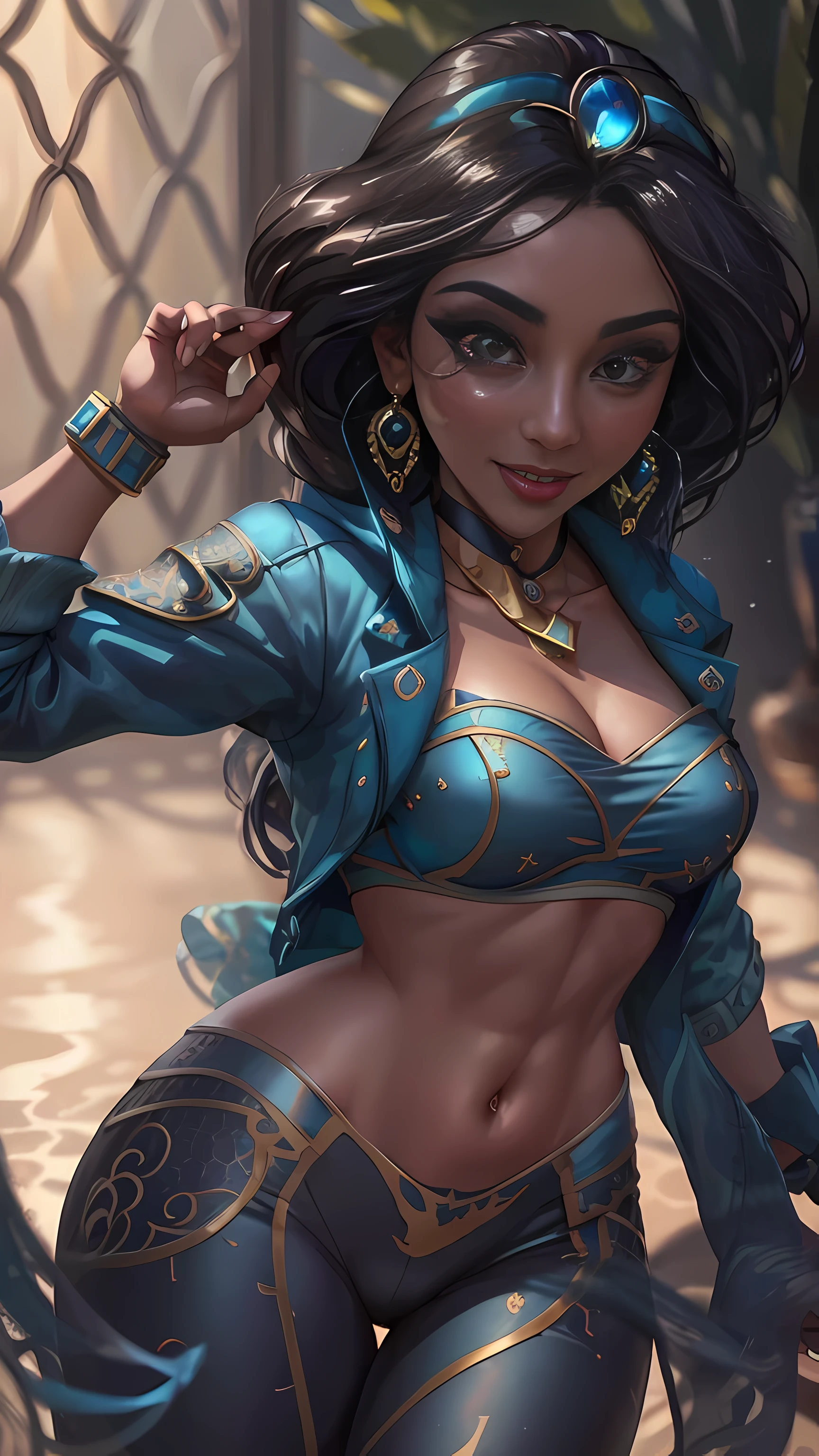 jasmine, tight pants, blue jacket, back top, 1girl,, solo, looking at viewer, smile, jewelry, full body, flower, earring, makeup (realistic:1.2), (realism), (masterpiece:1.2), (best quality), (ultra detailed), (8k, 4k, intricate),(85mm),light particles, lighting, (highly detailed:1.2),(detailed face:1.2), (gradients), colorful,(detailed eyes:1.2)(detailed background),detailed landscape, (dynamic angle:1.2), (rule of third_composition:1.3), (Line of action:1.2)