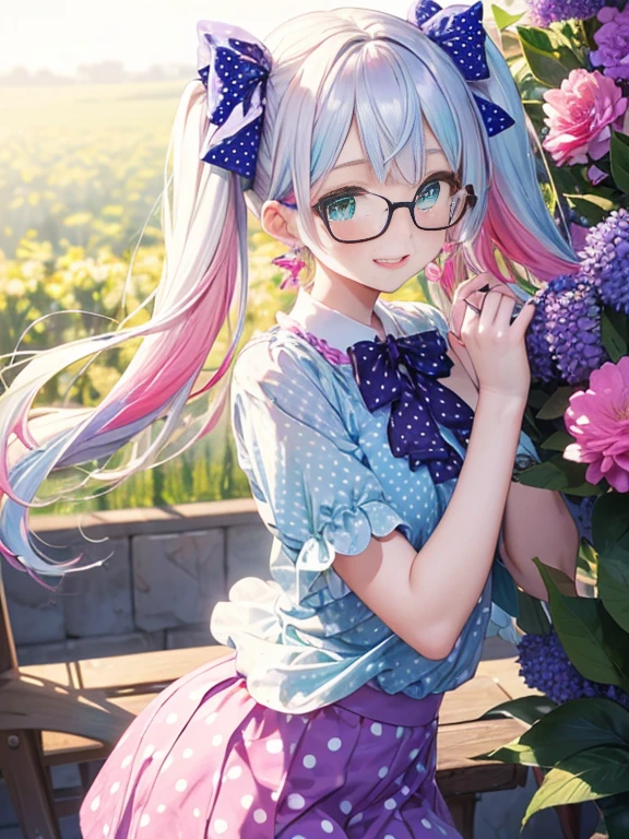 Glasses、小さなgirl、The arrival of spring、big butt、 (alone:1.5,)Super detailed,bright colors, very beautiful detailed anime face and eyes, look straight, ;shiny_skin,girl, ((gradient hair, , Half white、half pink hair: 1.2)） 、forehead is exposed.、green eyes、shiny hair, delicate beautiful face, blush、(turquoise eyes), White skin, Valletta, earrings,、blue flower field、((ribbon、(Floral、blouse、polka dots、purple skirt)))、twin tails、smile、happy face、face dyed red