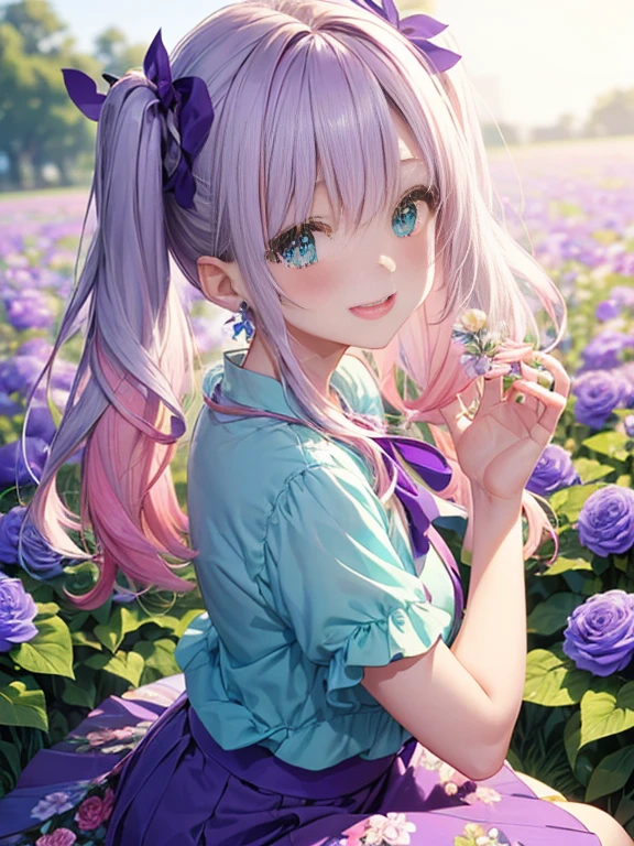 Glasses、小さなgirl、The arrival of spring、big butt、 (alone:1.5,)Super detailed,bright colors, very beautiful detailed anime face and eyes, look straight, ;shiny_skin,girl, ((gradient hair, , Half white、half pink hair: 1.2)） 、forehead is exposed.、green eyes、shiny hair, delicate beautiful face, blush、(turquoise eyes), White skin, Valletta, earrings,、blue flower field、((ribbon、(Floral、blouse、Floral、purple skirt)))、twin tails、smile、happy face、face dyed red