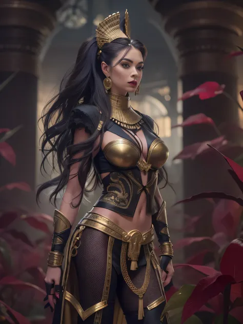 Full body of a fantasy sexy sensual beautiful warrior woman, tall body, slim figure, aristocratic face, long black braided hair,...