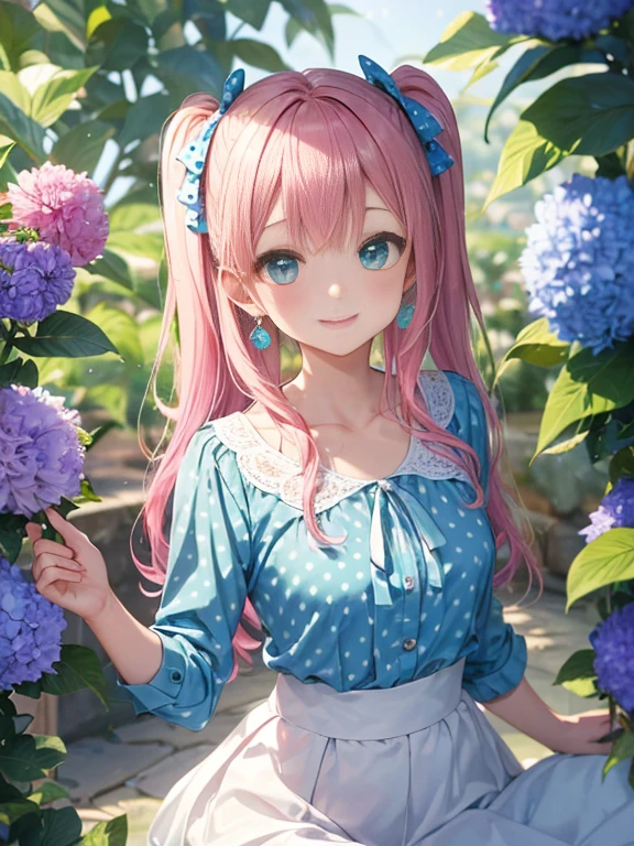 Glasses、小さなgirl、The arrival of spring、big butt、 (alone:1.5,)Super detailed,bright colors, very beautiful detailed anime face and eyes, look straight, ;shiny_skin,girl, ((gradient hair, , Half blue、half pink hair: 1.2)） 、forehead is exposed.、green eyes、shiny hair, delicate beautiful face, blush、(turquoise eyes), White skin, Valletta, earrings,、blue flower field、((ribbon、(Floral、blouse、polka dots、white skirt)))、twin tails、smile、happy face、face dyed red