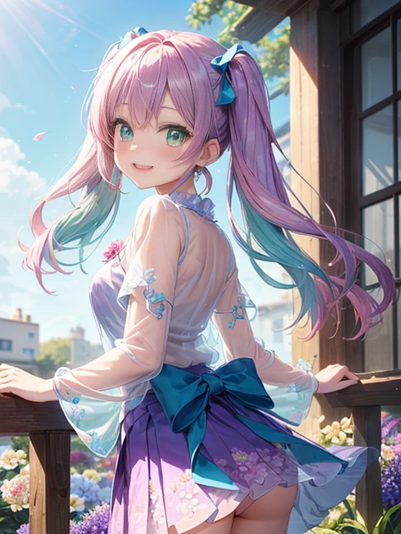 Glasses、小さなgirl、The arrival of spring、big butt、 (alone:1.5,)Super detailed,bright colors, very beautiful detailed anime face and eyes, look straight, ;shiny_skin,girl, ((gradient hair, , Half white、half pink hair: 1.2)） 、forehead is exposed.、green eyes、shiny hair, delicate beautiful face, blush、(turquoise eyes), White skin, Valletta, earrings,、blue flower field、((ribbon、(Floral、See-through、blouse、Floral、Light purple skirt)))、twin tails、smile、happy face、face dyed red