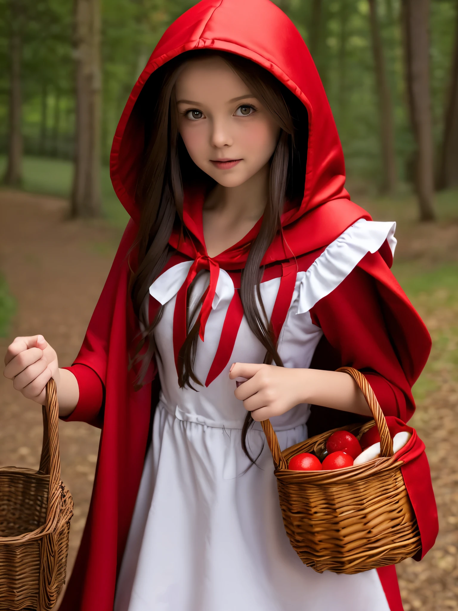 Arafed little girl dressed in a red riding hood and white dress holding a  basket of apples - SeaArt AI