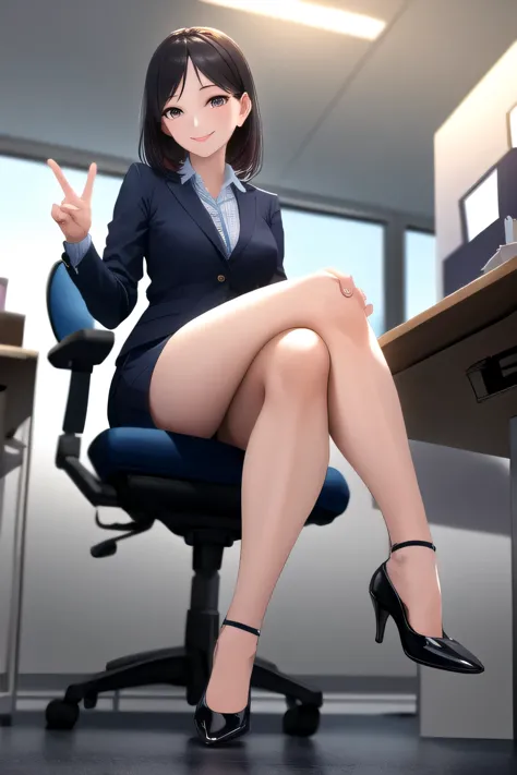 masterpiece, highest quality, high resolution, sitting cross-legged, office lady、smile、the shoes are at my feet