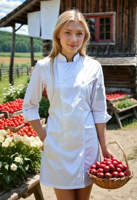 photo BRUTE,(une fille blonde en robe blanche rouge,Tresser,outdoor stand in a wooden Russian village, summer,dimanche,fleurs,bo...