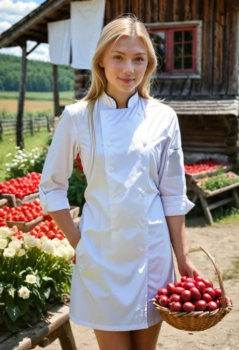 photo brute,(une fille blonde en robe blanche rouge,tresser,outdoor stand in a wooden russian village, summer,dimanche,fleurs,bo...