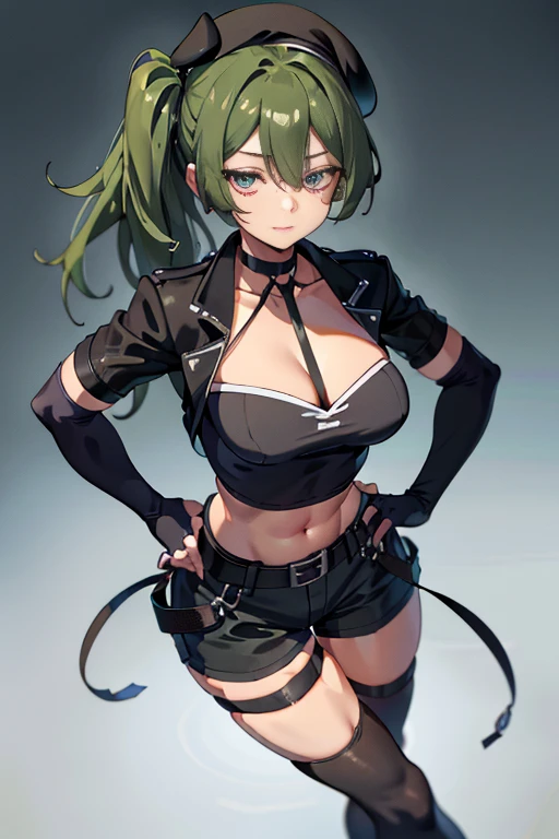 ubel,dark green hair,long hair,side ponytail,hair between eyes,bangs, BREAK (beret, black jacket, open clothes, cleavage, midriff, black shorts, black thighhighs, thigh strap, fingerless gloves, single glove:1.2) BREAK blurry background, BREAK pose, hand on hip, BREAK (masterpiece:1.2), best quality, high resolution, unity 8k wallpaper, (illustration:0.8), (beautiful detailed eyes:1.6), extremely detailed face, perfect lighting, extremely detailed CG, (perfect hands, perfect anatomy),
