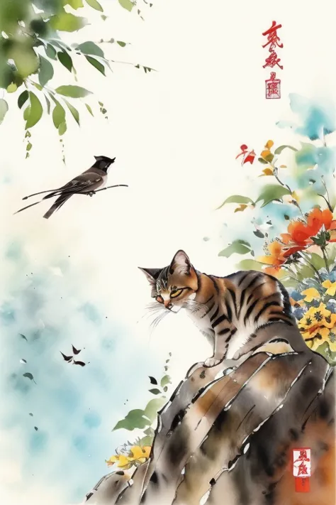 A place with lots of flowers、Cat３taking a nap。warm and sunny weather。Birds are also flying。