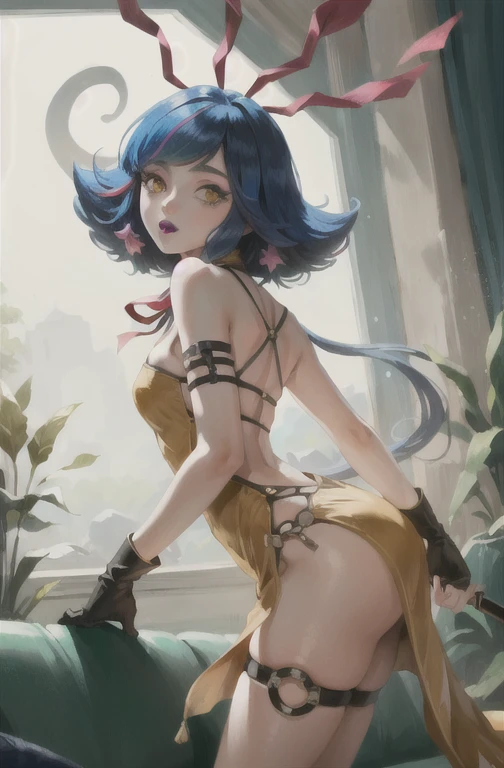 ((cinematic light, Best Quality, 8k, Masterpiece :1.3)), 1 girl, Beautiful woman with slim abs :1.4, (purple hair, small breasts :1.3), hopefully falling, seductive open lips, sofa, Ultra detailed face, detailed eyes, double eyelid job, Best Quality, neeko, Hair ornaments, hair flower, Body painting, calango glue, trying to be sexy, ((( sexy slightly transparent suit))),  ((good)), showing sweaty armpits, steamy, sexual teasing, ((showing flat stomach)), fight position, hands shining purple, ((black lipstick)), ((black makeup)), ((good makeup)),